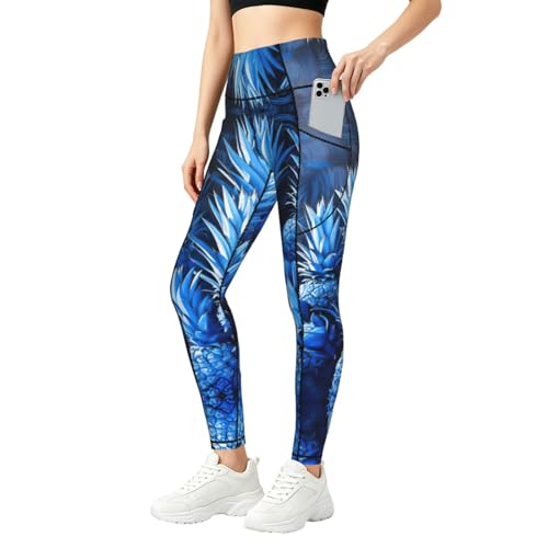 Leggings con estampado de piña azul evitan transparencias pantalones elásticos con bolsillos