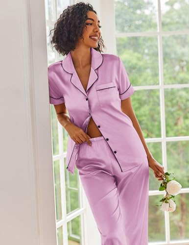 Image of Ekouaer 2 Piece Satin Short Sleeve Pajamas Set Button Down Sleepwear | Soft Pjs Set Classic Loungewear for Wedding, Party, Home, Daily Wear, Date Nights