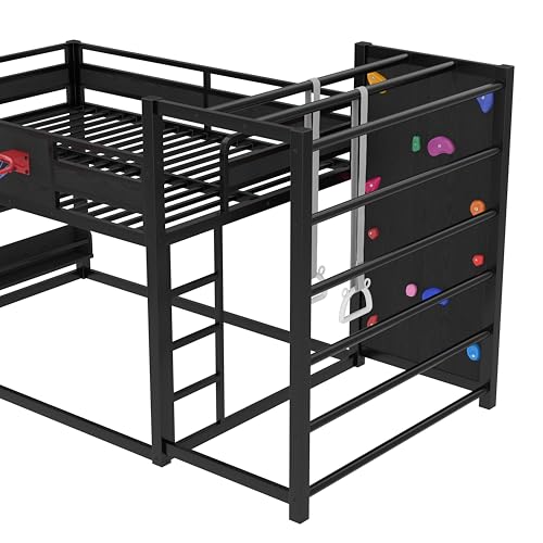 Image of Bellemave Full Over Full Bunk Beds for Kids with Slide, Basketball Hoop & Climbing Wall, Heavy Duty Metal Full Size Bunk Bed with Guardrails, Low Bunk Bed for Bedrooms, No Box Spring Needed, Black