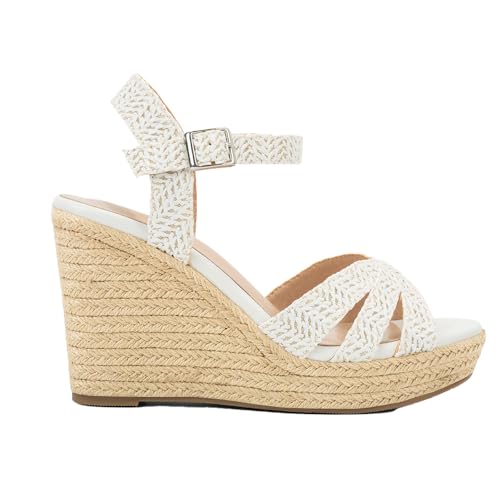 Image of Women's Wedge Platform Sandals - Stylish Raffia Woven Espadrilles Summer Sandals Women's Open Toe Buckle Ankle Wedge Heels