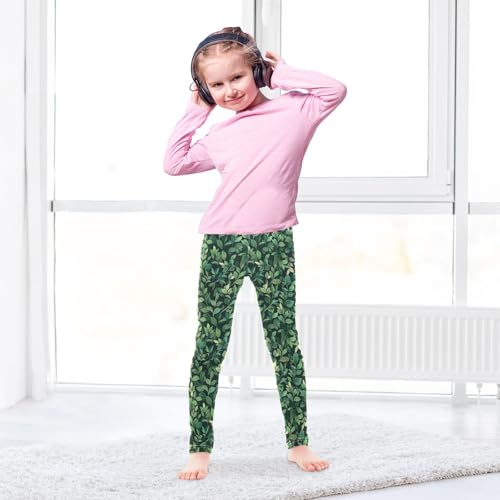 Green Leaves Pattern Girls Leggings Soft Comfortable Athletic Leggings Dancing Pants for 4-10 Years4