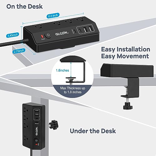 1050J 10' Glcon Desk Clamp Power Strip w/ 4 AC Outlets, 20W USB-C Fast Charging (Black or White) - image 6