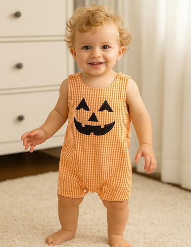 Yvowming Baby Boy Halloween Outfits Clothes Sleeveless Ghost Embroidery Plaid Retro Romper Jumpsuit Smocked Shortal2
