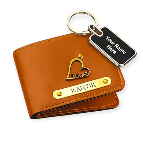 Image of Personalized Vegan Leather Wallet for Men with Name & Charm | Custom Name Engraved Wallet | Free Metal Name Engraved Keychain | Birthday & Anniversary Gift