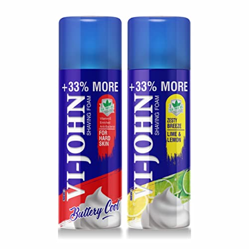 Image of VI- JOHN Shaving Foam For Men, Lime & Lemon & Hard Skin Type Shaving Foam With Goodness of Nature, Tea Tree Oil, Vitamin E Enriched and Anti- Bacterial Formula (400gm Each- Pack of 2)