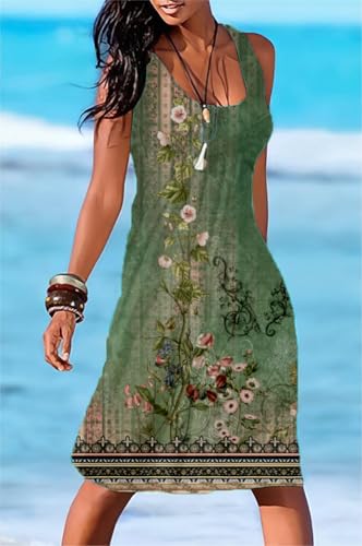 Image of Camisunny Women Casual Loose Tank Dresses Sleeveless Beach Vacation Dress Swing Pleated U Neck Fashion Soft