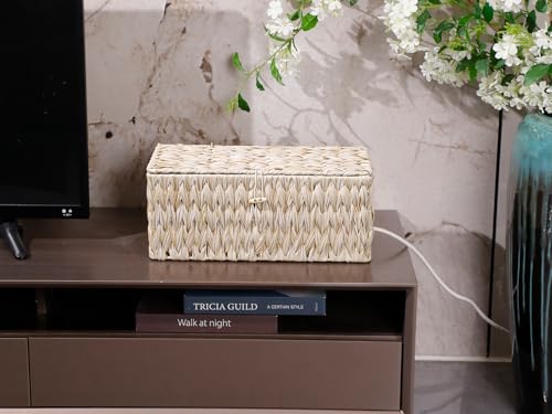 Cable Management Box,Boho Decorative Handwoven 2 Open Slots Cord Organizer Hider Box with Lid for TV Wires, Computer, Router, USB Hub and Under Desk Power Strip - Image 4