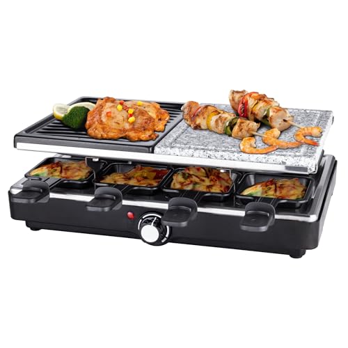Hot Stone Raclette Electric Grill 3 In 1 Indoor Kitchen BBQ Grill 1400W Stone and Non Stick Steel with 8 Cheese Dishes Adjustable Temperature