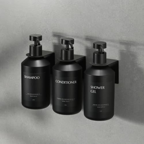Janxin 3 Stück Seifenspender Wandbefestigung,500ml Shampoo Flaschen zum Befüllen,Duschgel Spender,Seifenspender Schwarz Ohne Bohren for Kitchen and Bathroom (Schwarze Flasche + schwarzer Kopf)