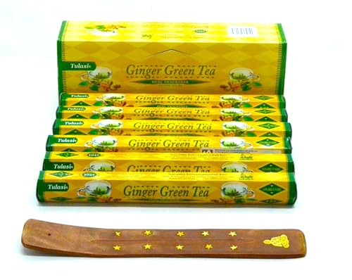 120 x Ginger Green Tea. te Verde Jengibre Varillas de Incienso, 6 Cajas, con Soporte de Madera Decorado, Incienso de Joss, Fragancia casera