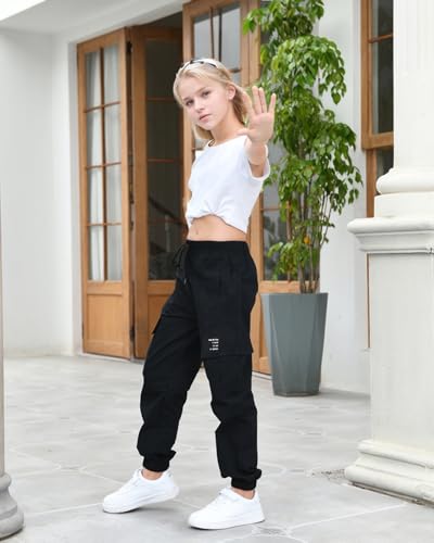 Image of Girls Cargo Pants Drawstring Elastic Waist Loose Tapered Jogger Pants with Pockets, Black, 14-16 Years = Tag 180