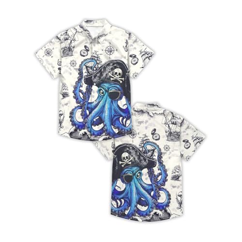 Image of THE PIRATE KING Funny Pirate Hawaiian Shirt Boys Girls Beach Tropical Casual Short Sleeve Button Down Shirt for 5-14 Years