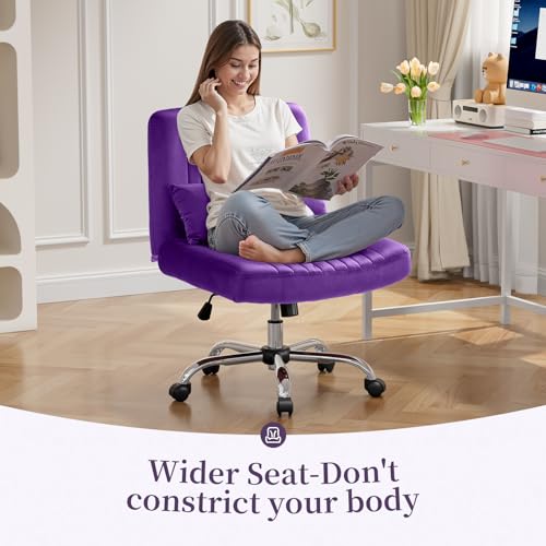 Image of Warmiehomy Velvet Criss Cross Chair with Wheels, Cross Legged Office Chair, Comfy Desk Chair for Home Office, Ergonomic Computer Chair, Wide Seat Vanity Chair, Birthday Gift for Women, Purple