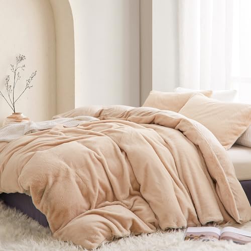 Lanqinglv Plush Bed Linen 135 x 200 cm Beige White Faux Fur Fluffy Winter Bed Linen Warm Cosy Flannel Fleece Flannelette Plain Duvet Cover with Zip and 1 Pillowcase 80 x 80 cm - Image 2