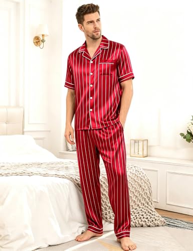Image of SWOMOG Mens Satin Pajama Set Short Sleeve Classic Sleepwear Button Down Silky Loungewear with Long Pants