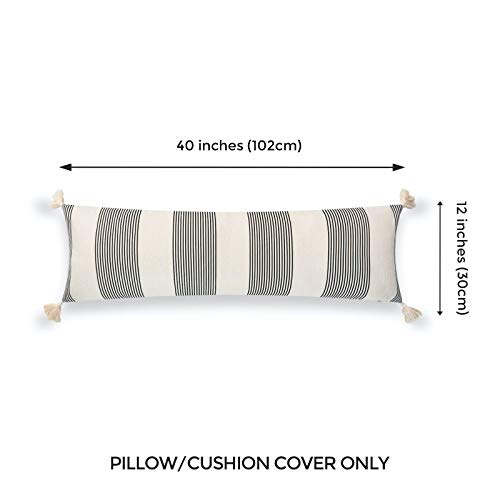 Hofdeco Modern Boho Moroccan Indoor Outdoor Body Lumbar Pillow Cover Only For Bed, Backyard, Couch, Sofa, Neutral Black Stripe Tassels, 12"X40" #TOP1