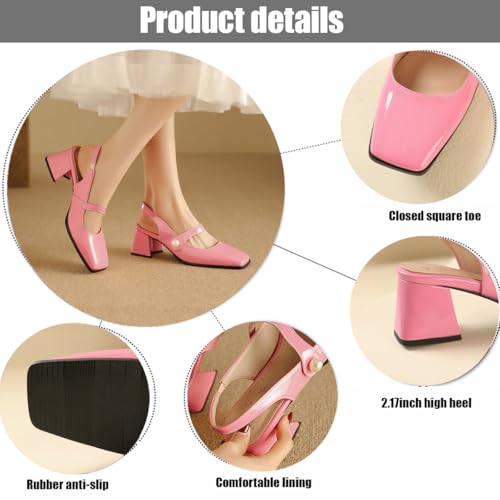 Women's Block Heel Mary Janes Slingback Pumps 2 Inches Closed Square Toe Patent Leather Dress Shoes Mid Heeled Sandals Comfortable Walking Party Wedding Office Working2
