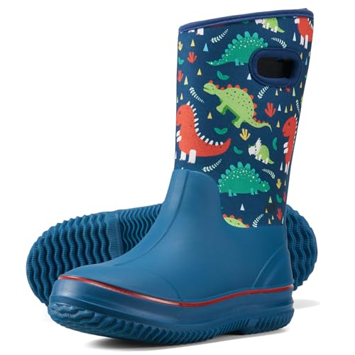 HISEA Kids Rain Boots for Boys Girls Waterproof Insulated Neoprene Rubber Mud Boots with Easy-On Handles Seamless Mid Calf Rainboots All Weather Water Snow Winter Outdoor Play Shoes (Little Kid/Big Kid)