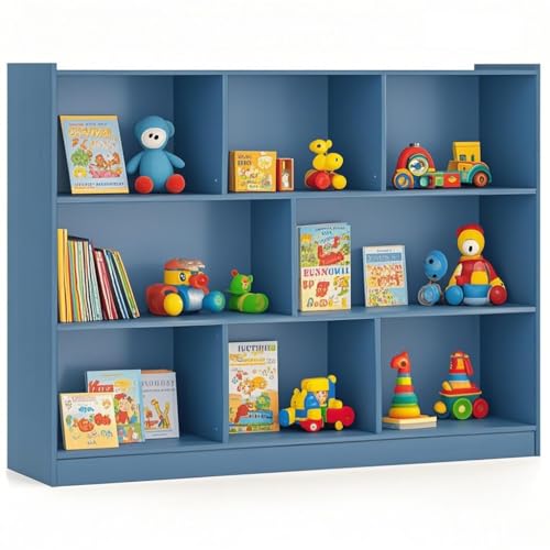 IFANNY Toy Storage Organizer, 2-Tier Kids Bookshelf, 5 Cube Kids' Bookcases, Cabinets & Shelves, Wooden Toy Organizers, Small Book Shelf for Bedroom, Playroom, Classroom, Nursery (Blue, 3-Tier)