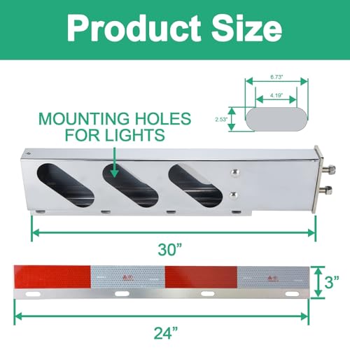 Image of Stainless Steel Mud Flap Hanger with 4 inch Light Cutouts Aluminum Reflectors,Spring Loaded,30 inch Length,2 1 /2 inch Bolt Spacing Bracket Mudflap Holder, W / Screws Nuts for Mudflap,Semi Truck (Oval)