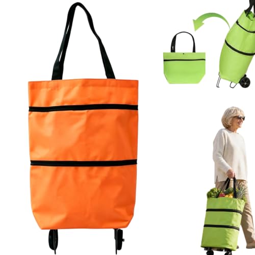 2-in-1 Foldable Shopping Cart, Shopping Cart on Wheels, Foldable Shopping Trolley Grocery Cart Bag with Wheels, Multifunctional Travel Easy to Carry, Lightweight Indoor & Outdoor Use (Orange)