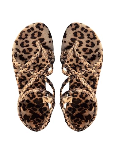 GORGLITTER Women's Leopard Print Slingback Flats Braided Thong Sandals Criss Cross Strappy Slides