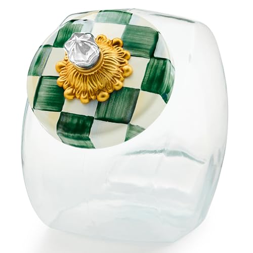 MACKENZIE-CHILDS Cookie Jar with Enamel Lid, Large Glass Treat Jar or Kitchen Jar, 1-Gallon Capacity, Green-and-White Emerald Check