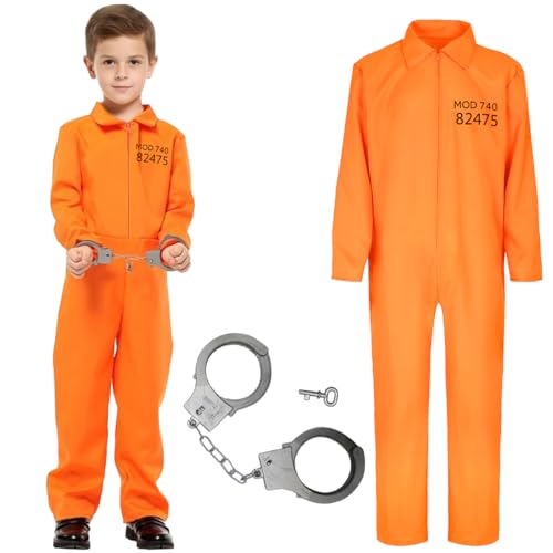 GTJEOI Costume de Prisonnier pour Enfant, Déguisement Prisonnier Orange Enfant avec Menottes, Prisoner Jumpsuit, Orange Prisoner Overall pour Halloween Carnaval Soirée à Thème