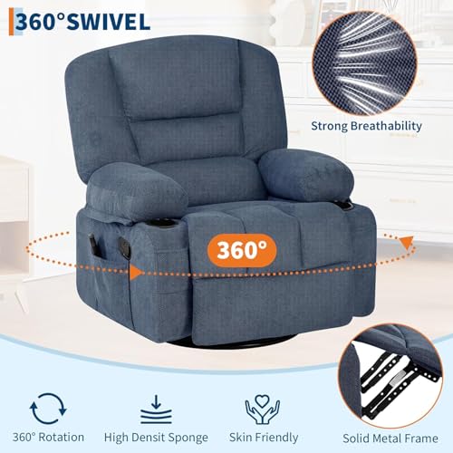 Image of Oversized Manual Swivel Recliner Chair for Adults, 360 Swivel Rocker Glider with Vibration Massage & Heat, Extra Wide Chenille Fabric Lazy Chair for Living Room Bedroom, Blue Chenille