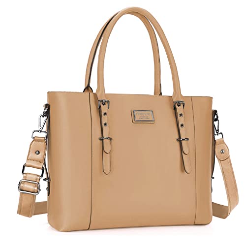 MOSISO Laptop Bag for Women, 17.3 inch Waterproof Vintage PU Leather Briefcase Shoulder Computer Laptop Tote Bag for Office Work, Apricot