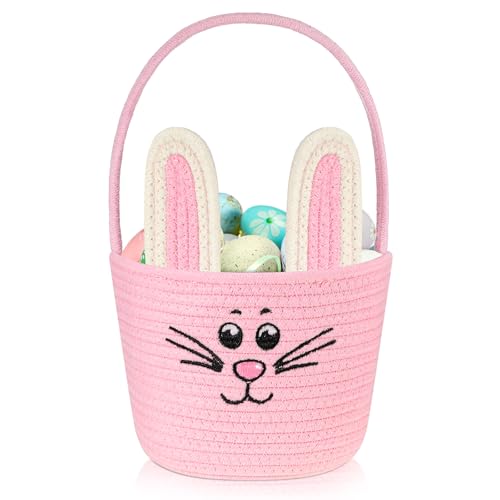 Woven Easter Baskets Bunny Woven Baskets with Handles Easter Eggs Hunt Baskets Rabbit Cotton Rope Basket Baby's First Easter Basket Gift for Toddler Boys Girls(Macaron Pink)