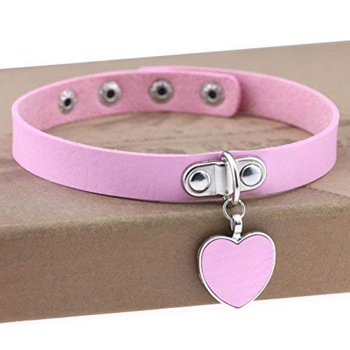 AKOAK Fashion Cool Rock Style Steampunk Punk Goth Heart-Shape Pendant Link PU Leather Collar Choker Necklace(Pink)