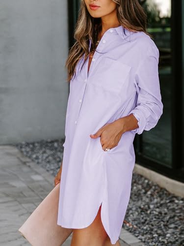 Image of Aoudery Womens Button Down Shirt Dresses with Pockets Cotton Button Up Tunics Long Sleeve Solid High Low Blouse Tops