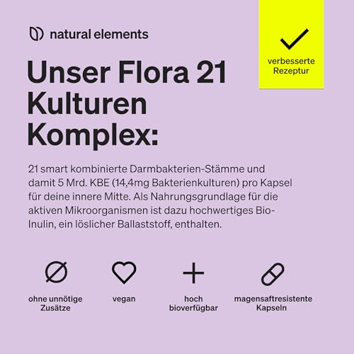 natural elements Flora 21® Kulturen Komplex – 21 Bakterienstämme + Bio Inulin – 180 magensaftresistente Kapseln – Laborgeprüft, vegan, hochdosiert und in Deutschland produziert