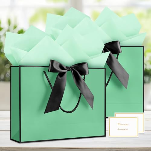 Image of JMANNI Gift Bags with Handles, 13 inch Medium Gift Bag for Presents, 1 Pcs Bags with 2 Tissue Paper and 1 Cards for Baby Shower Wedding Bridal Shower Mother's Day Birthday Party (Cyan-Black