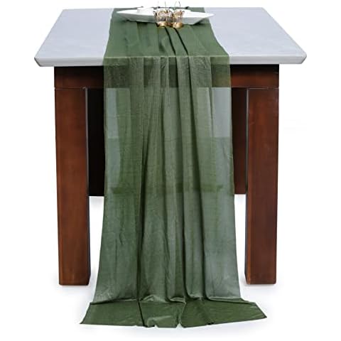 MDS Pack of 5 Wedding 29 x 120 inches Sheer Chiffon Table Runner for Rustic Boho Wedding Banquet Decor for 10Ft Table Runners - Olive Green Cover