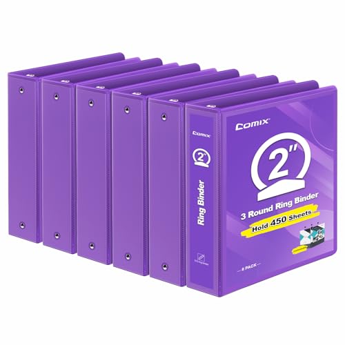 COMIX 3 Ring Binder 2 inch with Clear View Cover, 2" View Binder Holds 450 Sheets of US Letter Size Paper, 6 Pack (Purple)