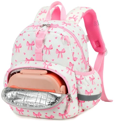 Image of LOIDOU Kids Backpack for Girls, 12 Inch Toddler Bag with Insulated Pocket | Ages 2-4 Preschool Daycare Corduroy Small Kids Travel Backpack, Pink Bow