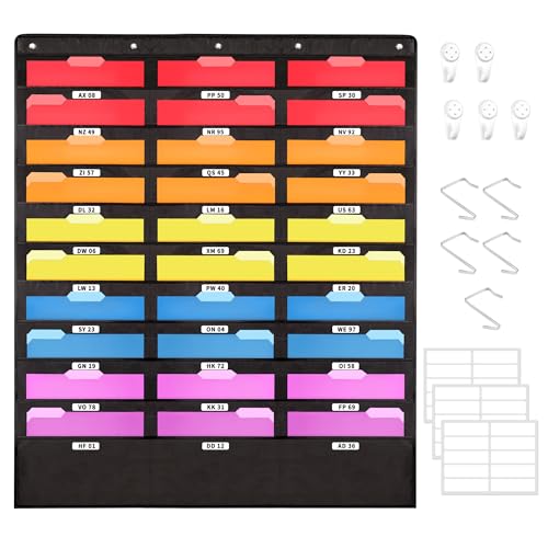 Annecy 30 Pockets Classroom Mailbox, Hanging Wall File Organizer, Black Storage Pocket Chart for Folder and Paper, Space Saver, Come with Wall Hangers, Over The Door Hooks, Labels