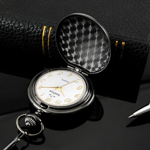 Image of BOSHIYA Smooth Black Pocket Watches for Men Quartz Arabic Digital Dial, Classic Vintage Mens Womens Pocket Watch with Chain Christmas Graduation Birthday Gifts Fathers Day