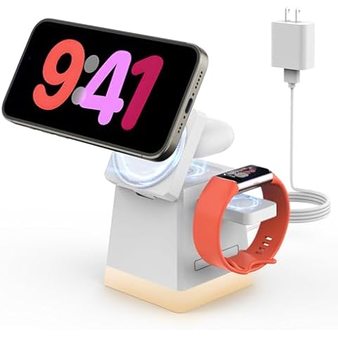 Wireless Charger for Fitbit Watch: JoyGeek 3 in 1 Charging Station for Fitbit Charger 5/6/Luxe, MagSafe Charger Stand for iPhone 16/15/14/13/12 Series, AirPods 3/2 Cover