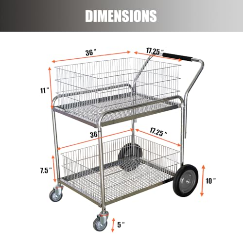 biosp Heavy Duty Steel Wire Mail Cart with Wheels, 250 Lb Rolling 2 Shelf Utility Basket Office File Mobile Durable Cart for Laundry, Shopping, Grocery, Luggage, Office, Kitchen, Restaurant, Silver