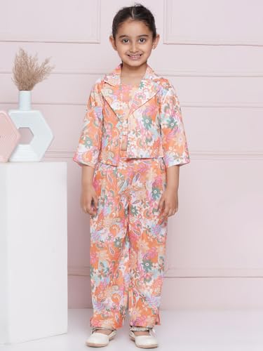 Image of AJ DEZINES Kids Casual Wear Printed Cotton Top Pant and Jacket Clothing Set for Girls