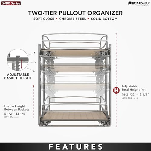 Image of Rev-A-Shelf 2 Tier Pull Out Kitchen Cabinet Storage Organizer with Solid Bottom & Undermount Soft-Close Full Extension Slides, 54BK-18SC-2-1