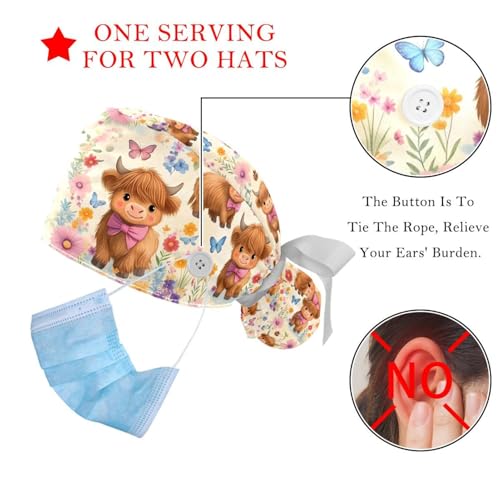 Image of 2 PCS Bouffant Cap with Button Ponytail Pouch Working Cap Sweatband Adjustable Surgical Cap Black and White Cow