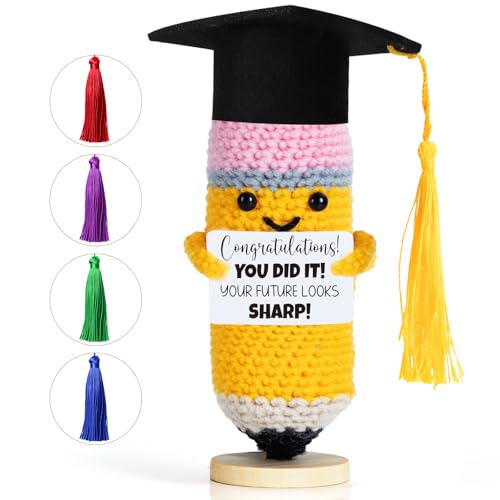 2026 Graduation Gifts Pencil Emotional Support Crochet with 5 Replaceable Tassel Positive Inspiration Handmade Crochet Graduate Gift for Him Her Congrats Class High School College DIY Graduation Gift