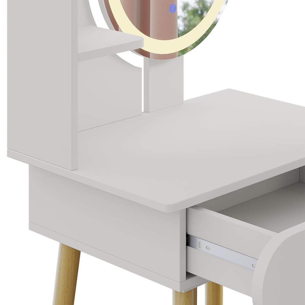 Vicco Tavolino da toilette Edda, Bianco, 60 cm con specchio LED e sgabello, con specchio LED rotondo e sgabello coordinato