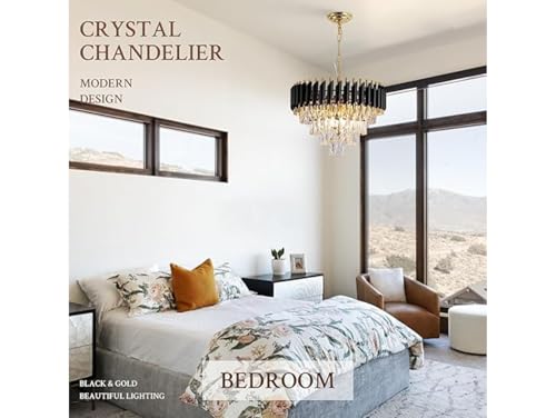 Image of Modern 4-Tiers Crystal Pendant Light Black Gold Round Ceiling Light Fixture (Antique, 500mm), 3 Colors Led Plate Included Warm White, Natural Light, Chandelier Light (L-50*B-50*H-75 Cm) F