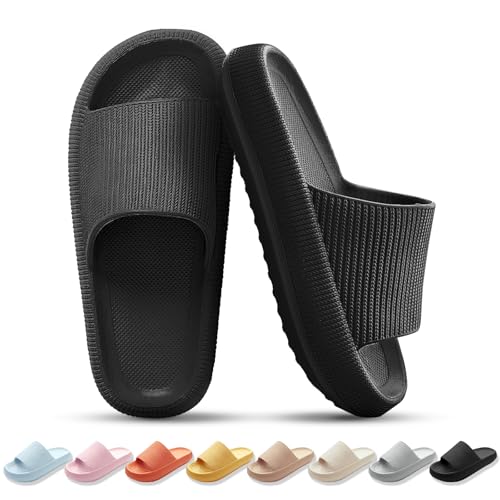 BAGHUY Sliders Women Mens Cloud Sliders Slippers Non-Slip Soft Flip Flops Comfortable Shower Cloud Slippers for Bathroom Pool Beach Indoor & OutdoorBlack 3.5-4 UK
