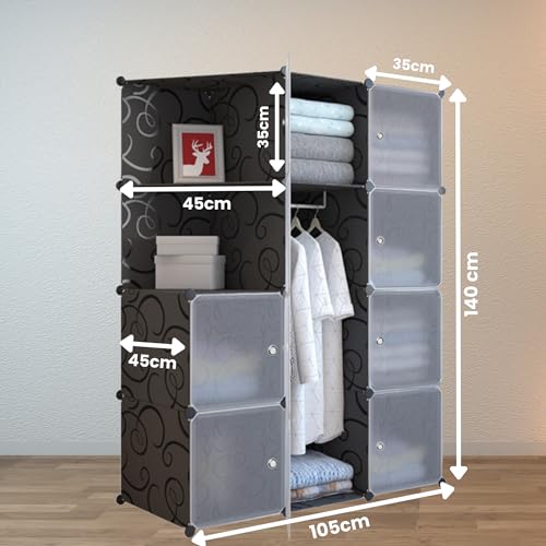 XOKOTAKI Regalsystem, Modulregal, Modularer Kleiderschrank, Kleiderorganizer für Zuhause, Aufbewahrungsregal für Schlafzimmer, 12 Module, 1 Stangen, 140 x 105 cm, Farbe Schwarz